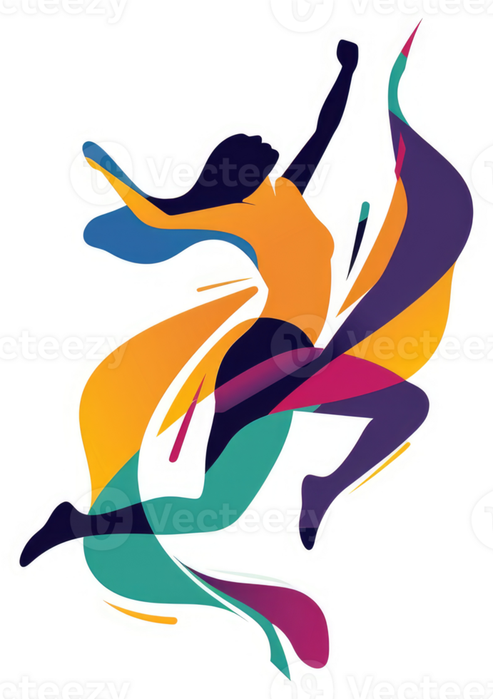 A vibrant abstract illustration of a leaping figure. png