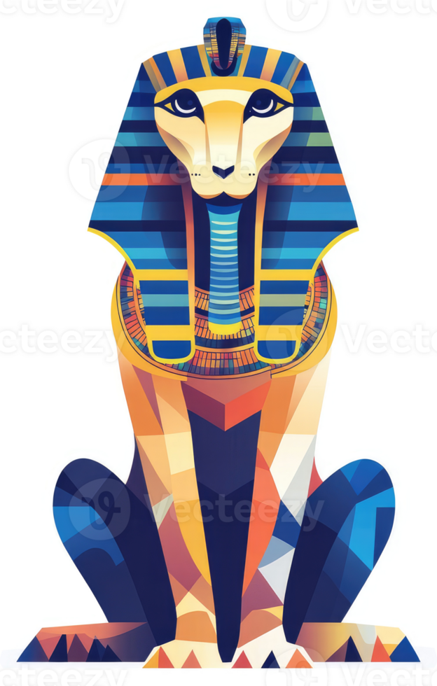A vibrant, geometric depiction of an ancient egyptian sphinx. png