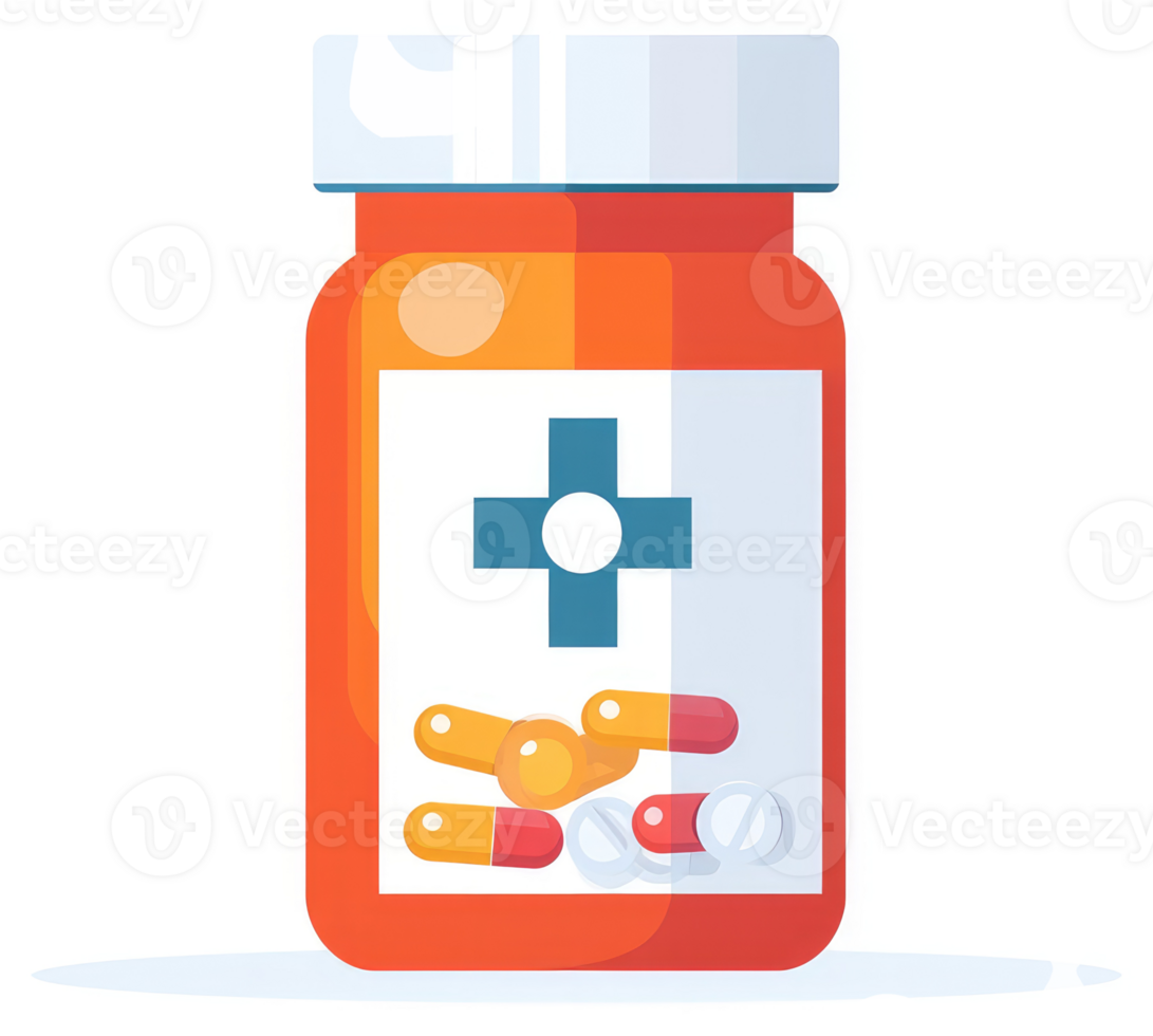 An illustration of an orange medicine bottle with pills inside. png