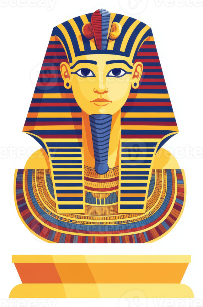 A colorful illustration of an ancient Egyptian king's funerary mask. png