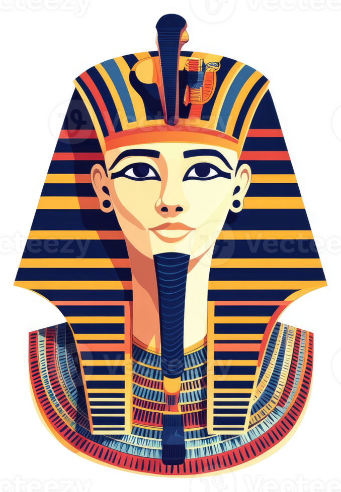 A vibrant illustration of an ancient Egyptian pharaoh's headdress and face. png