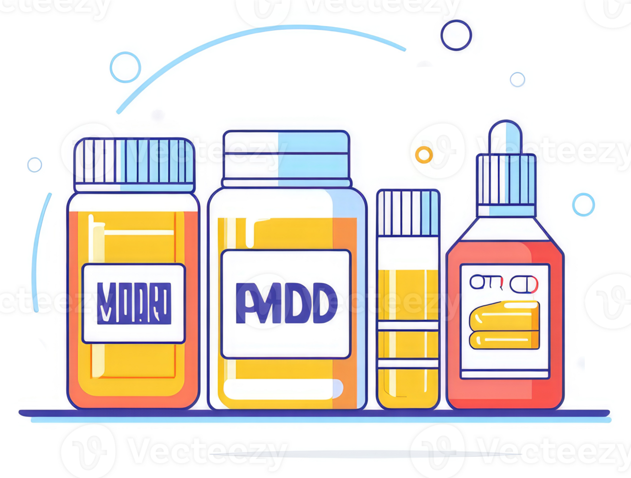 Illustration of various medication bottles, including pills and liquid. png