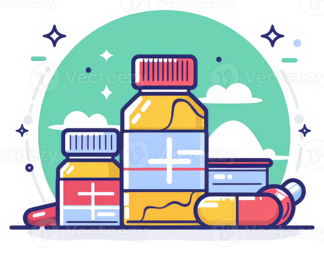 Colorful illustration of various medication bottles and pills. png