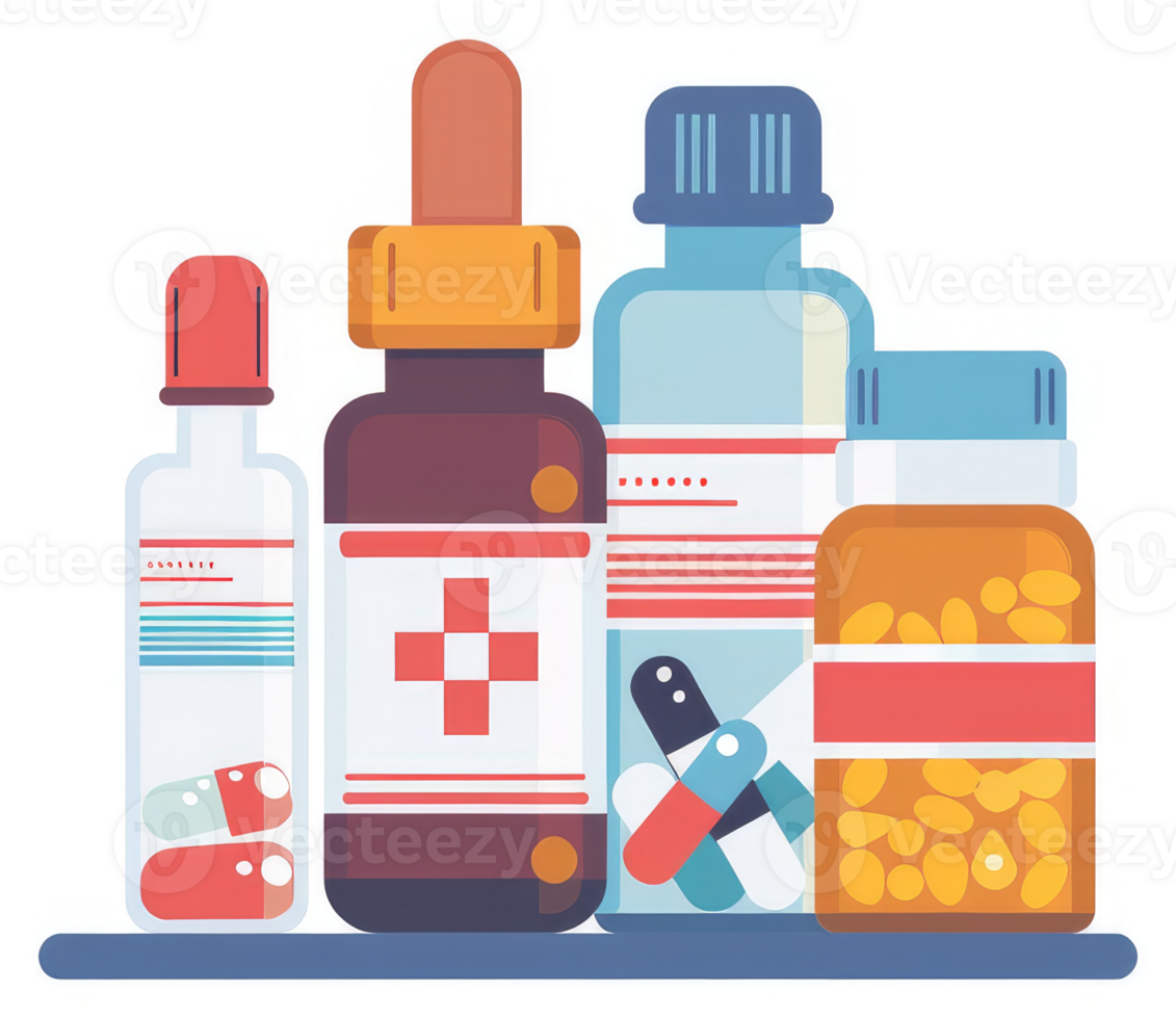 Various medication bottles with different types of pills and liquids. png