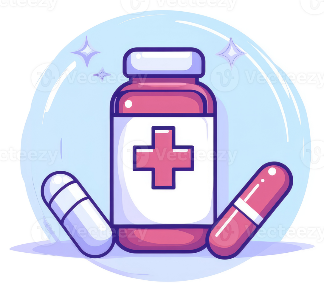 Cartoon illustration of a medicine bottle and pills. png