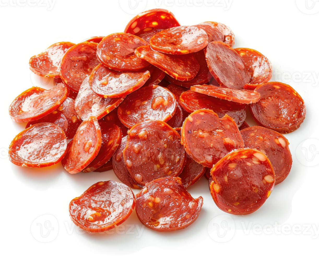 Frozen pizza pepperoni slices in a pile. png