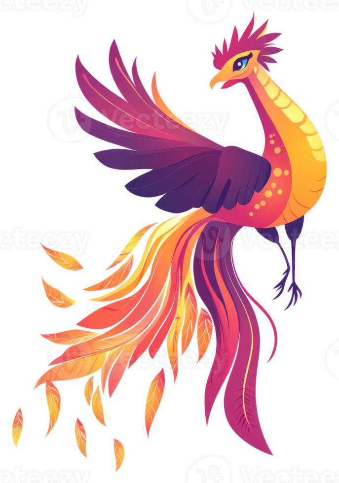 A vibrant illustration of a mythical phoenix, with fiery, colorful feathers. png