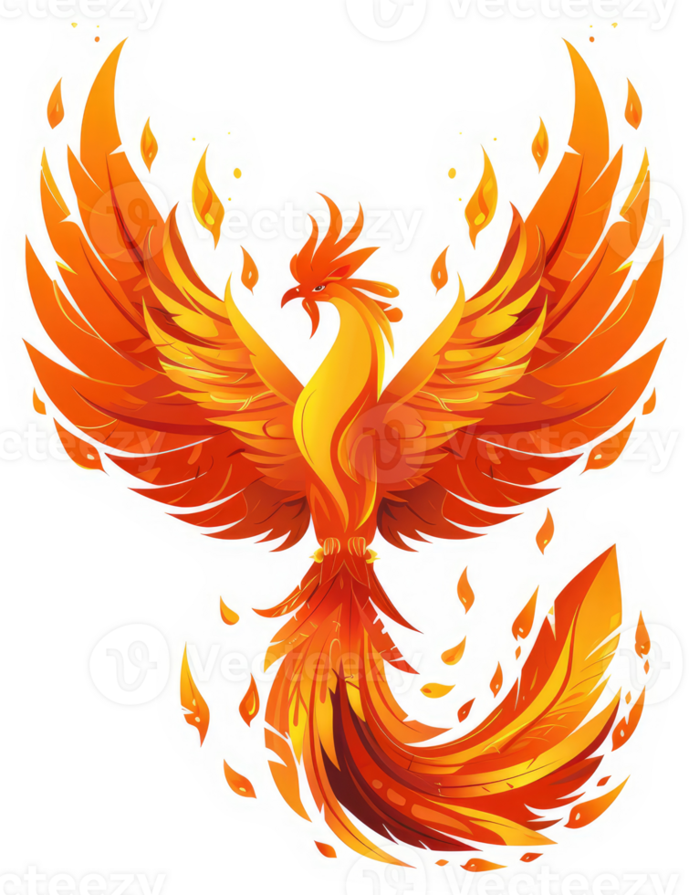 A vibrant illustration of a phoenix in flight, its fiery plumage ablaze. png