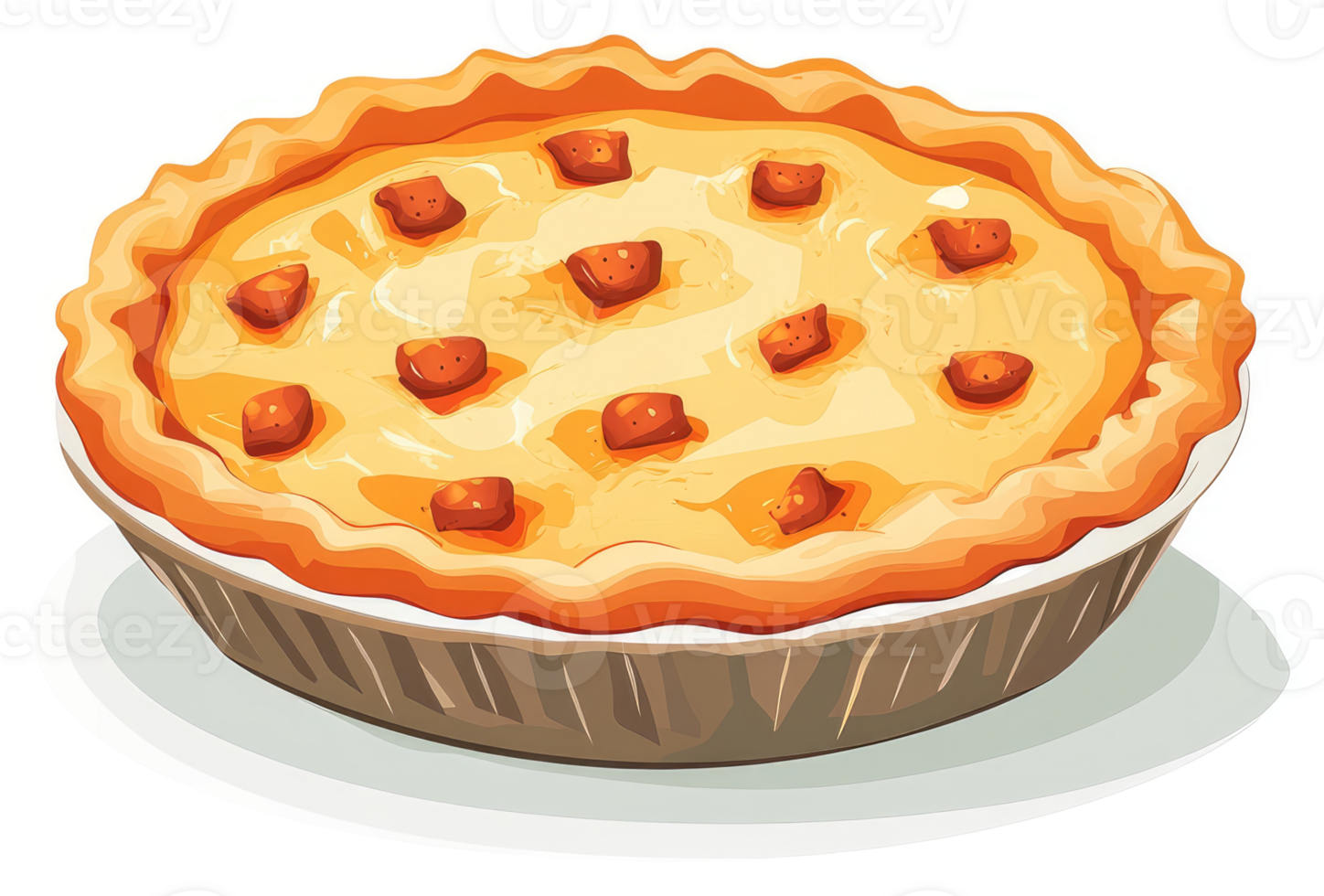 A golden, savory quiche pie with baked bits. png