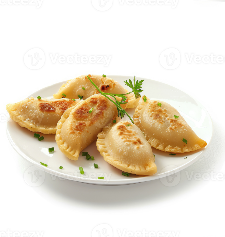 Golden-brown, crispy pierogi on a white plate. png