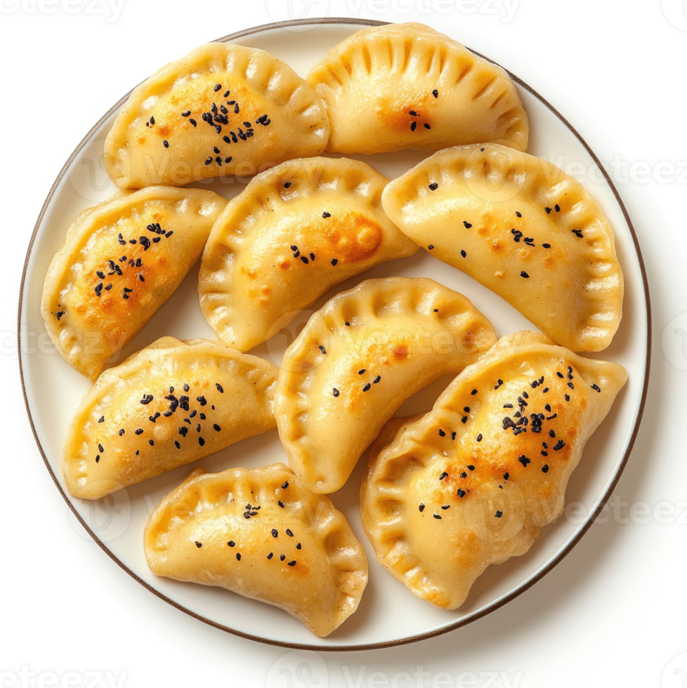 Golden-brown, seasoned dumplings arranged on a plate. png