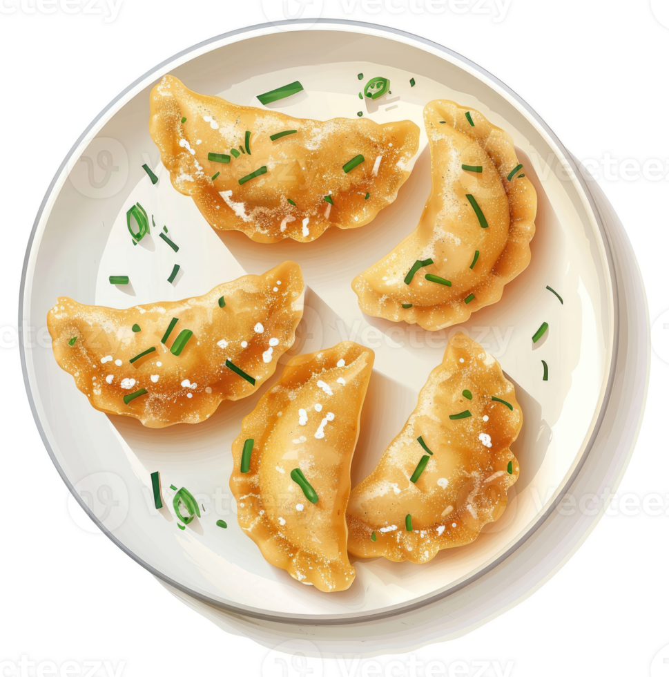 Golden-brown, savory dumplings, garnished with fresh chives, on a white plate. png