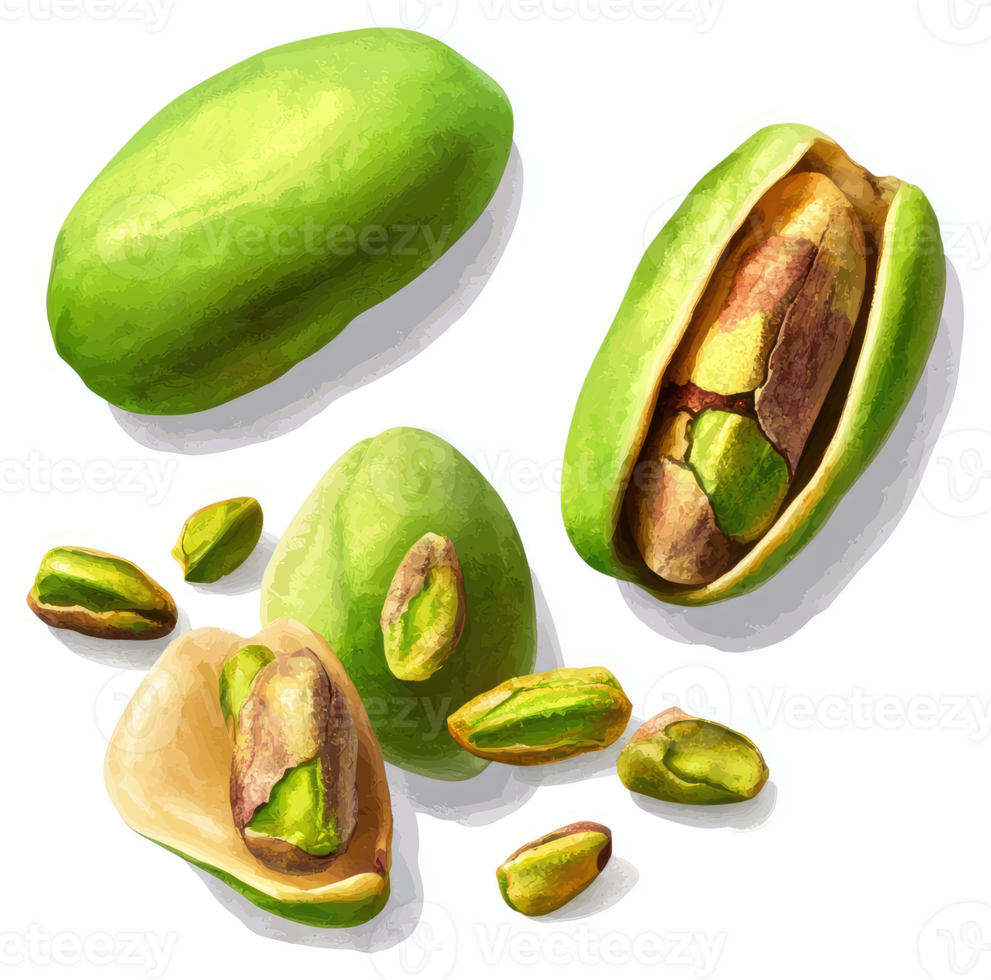 A close-up illustration of pistachios in various stages of removal from their shells. png