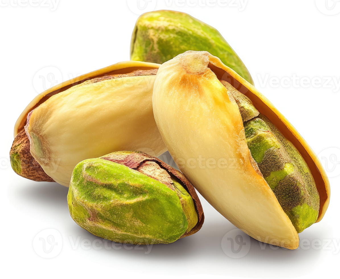 Close-up view of three pistachios in their shells. png