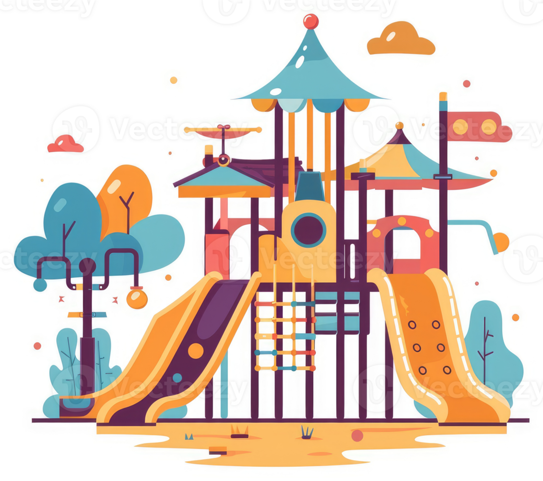 Colorful playground structure with slides and climbing features. png