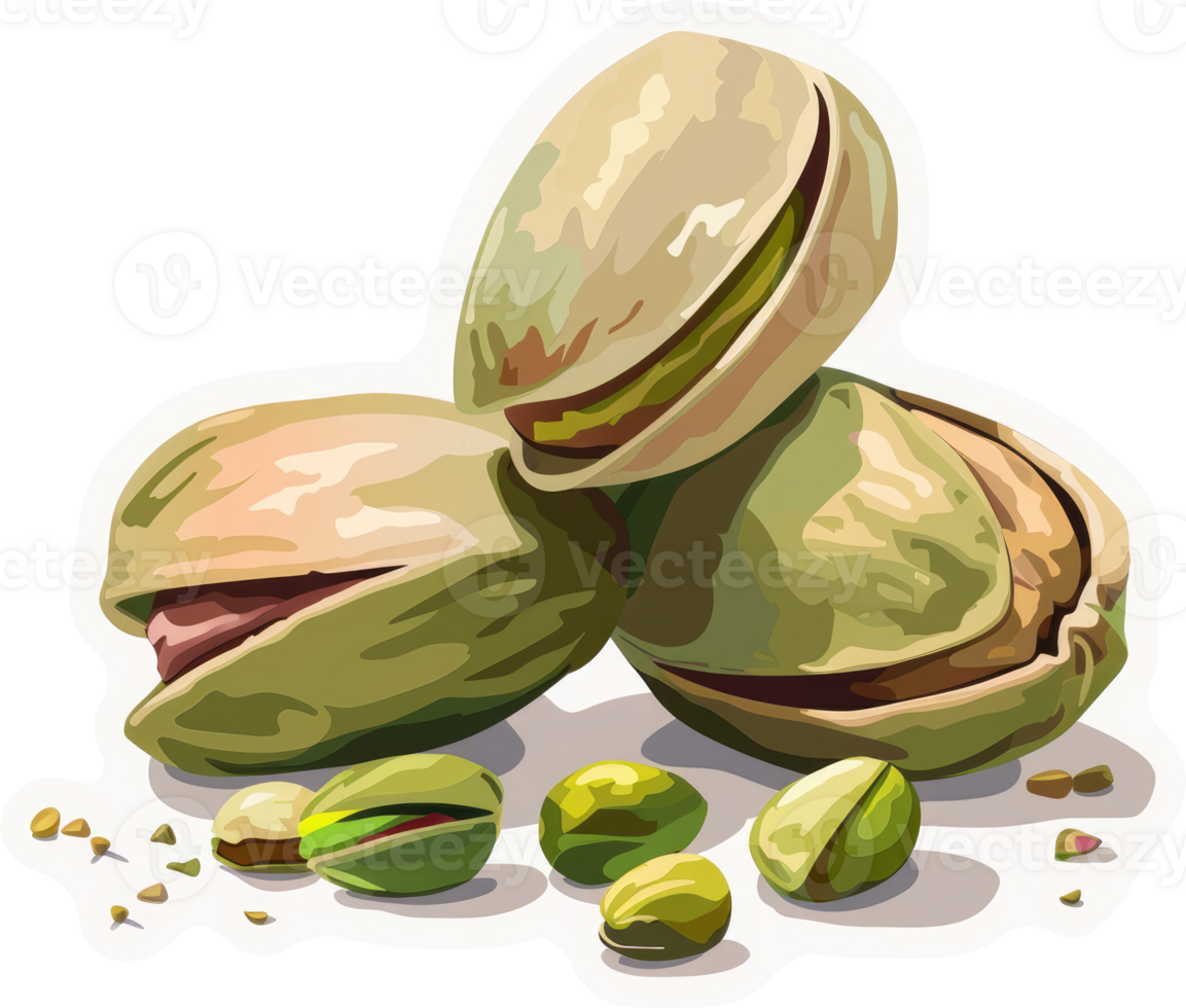 A colorful depiction of pistachios in their shells and out. png