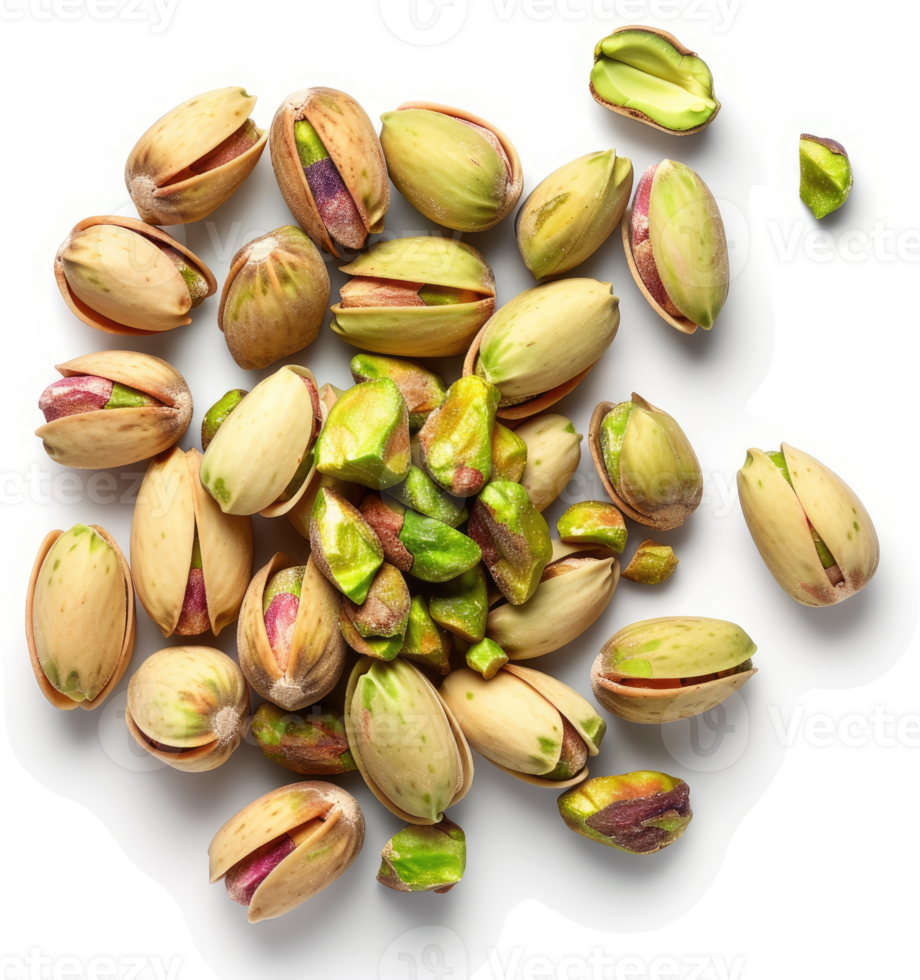 A high-angle close-up view of pistachios, whole and shelled, scattered on a white surface. png