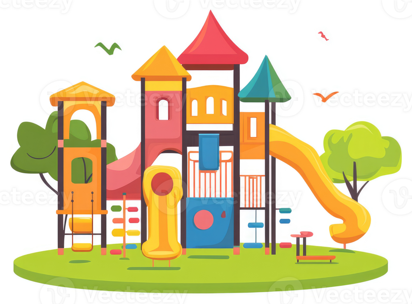 A vibrant playground with colorful structures and play equipment. png
