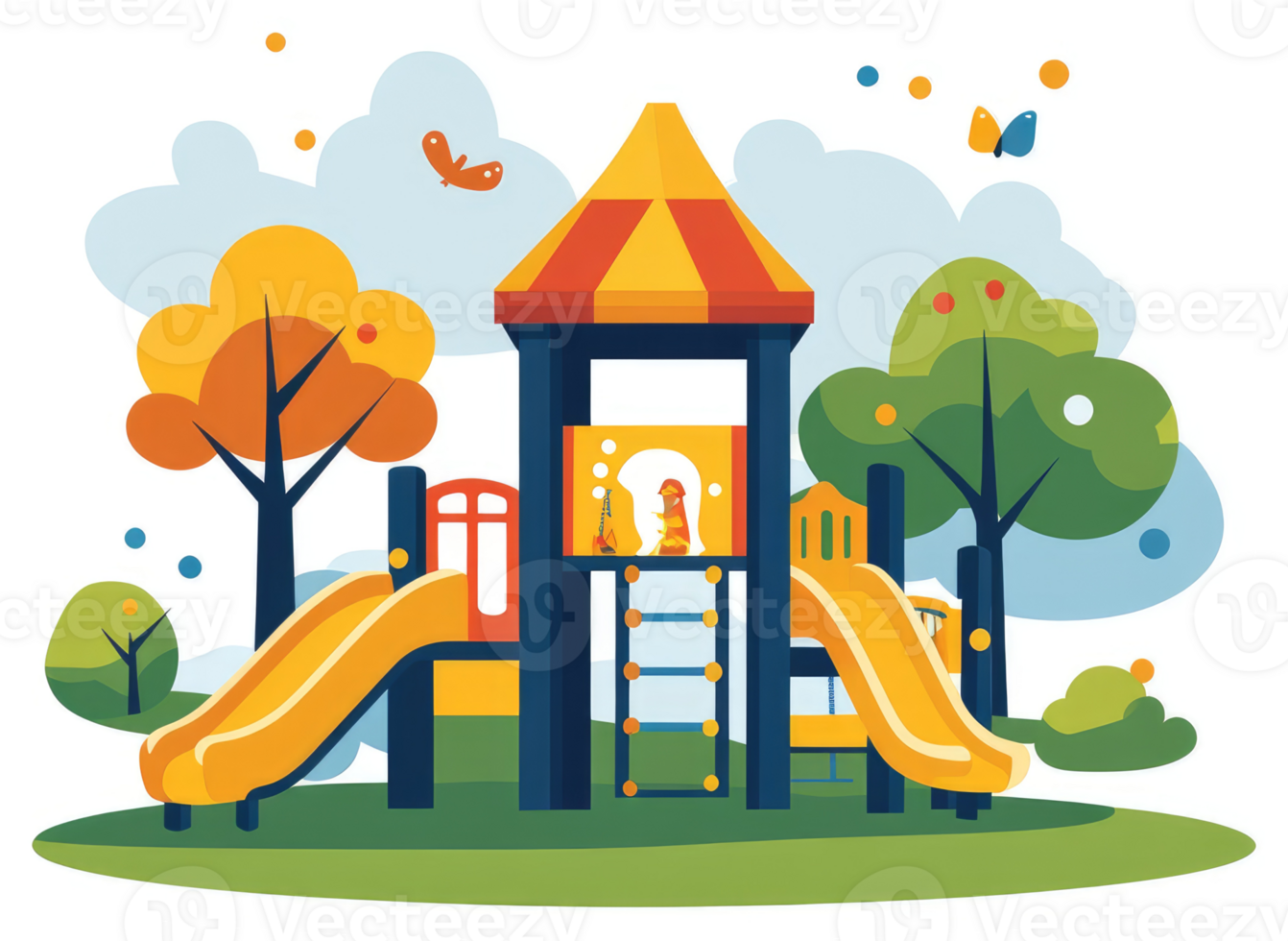 Colorful playground with slides and climbing structures in a park setting. png