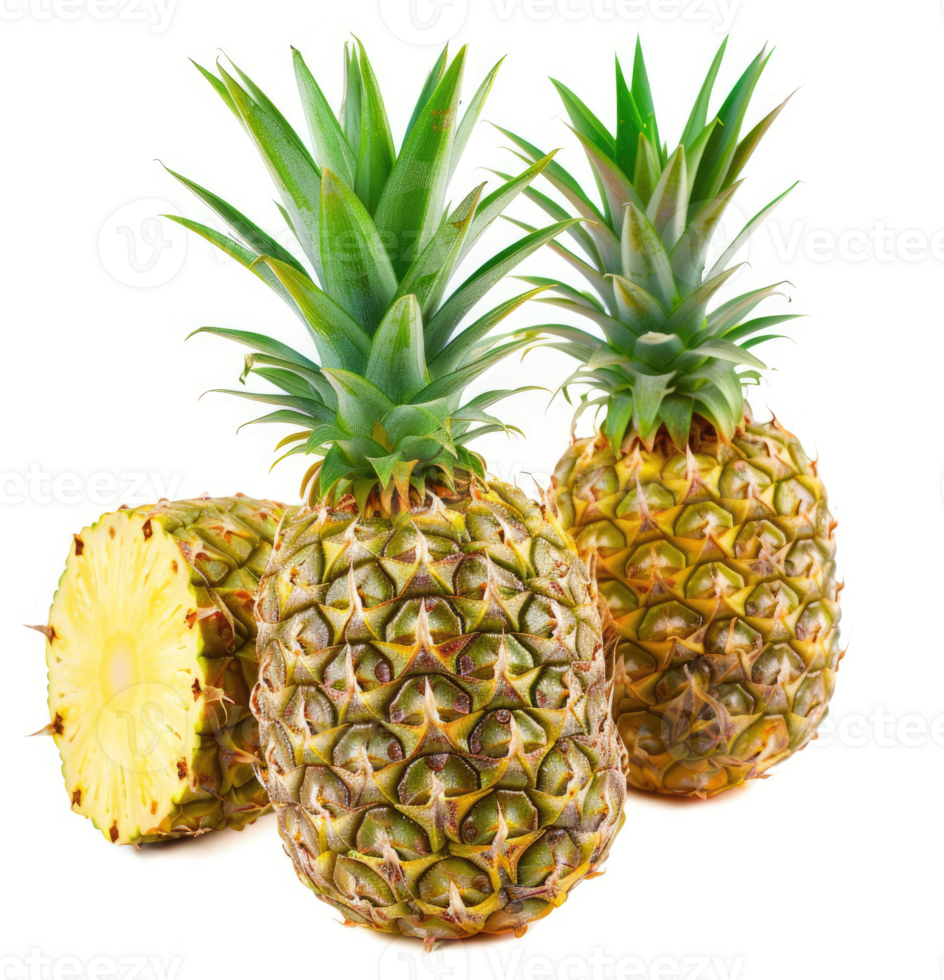 Three pineapples, including a half pineapple, displayed against a white background. png