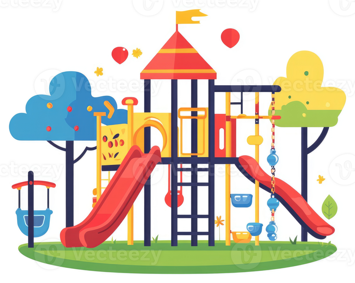 A vibrant playground with colorful equipment and trees. png