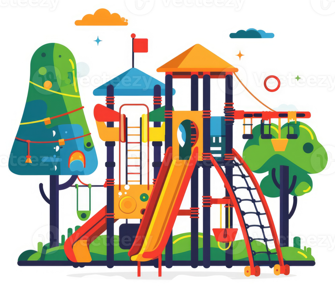 Colorful playground equipment with trees and swings. png