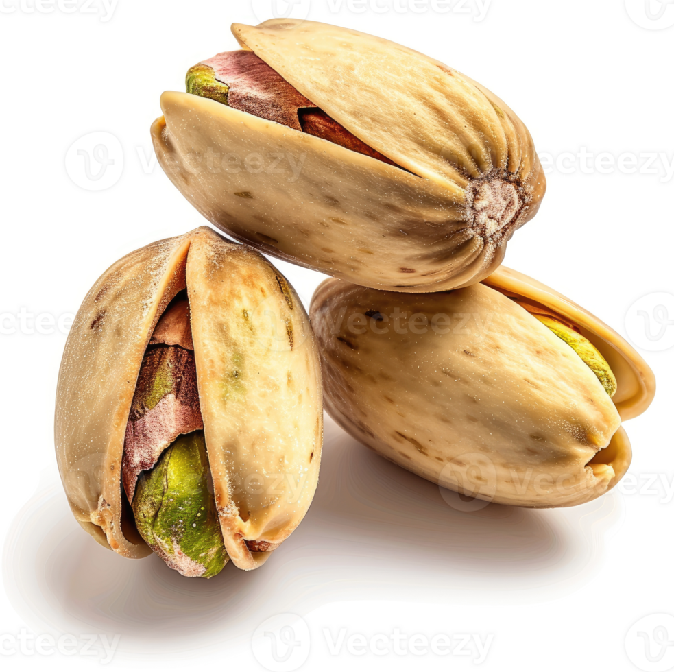 Close-up view of three shelled pistachios. png