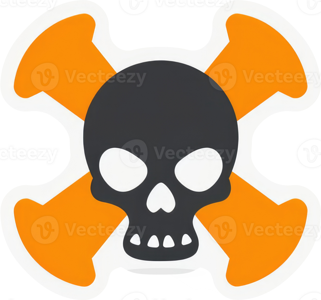 A graphic design of a skull and crossbones, caution symbol. png