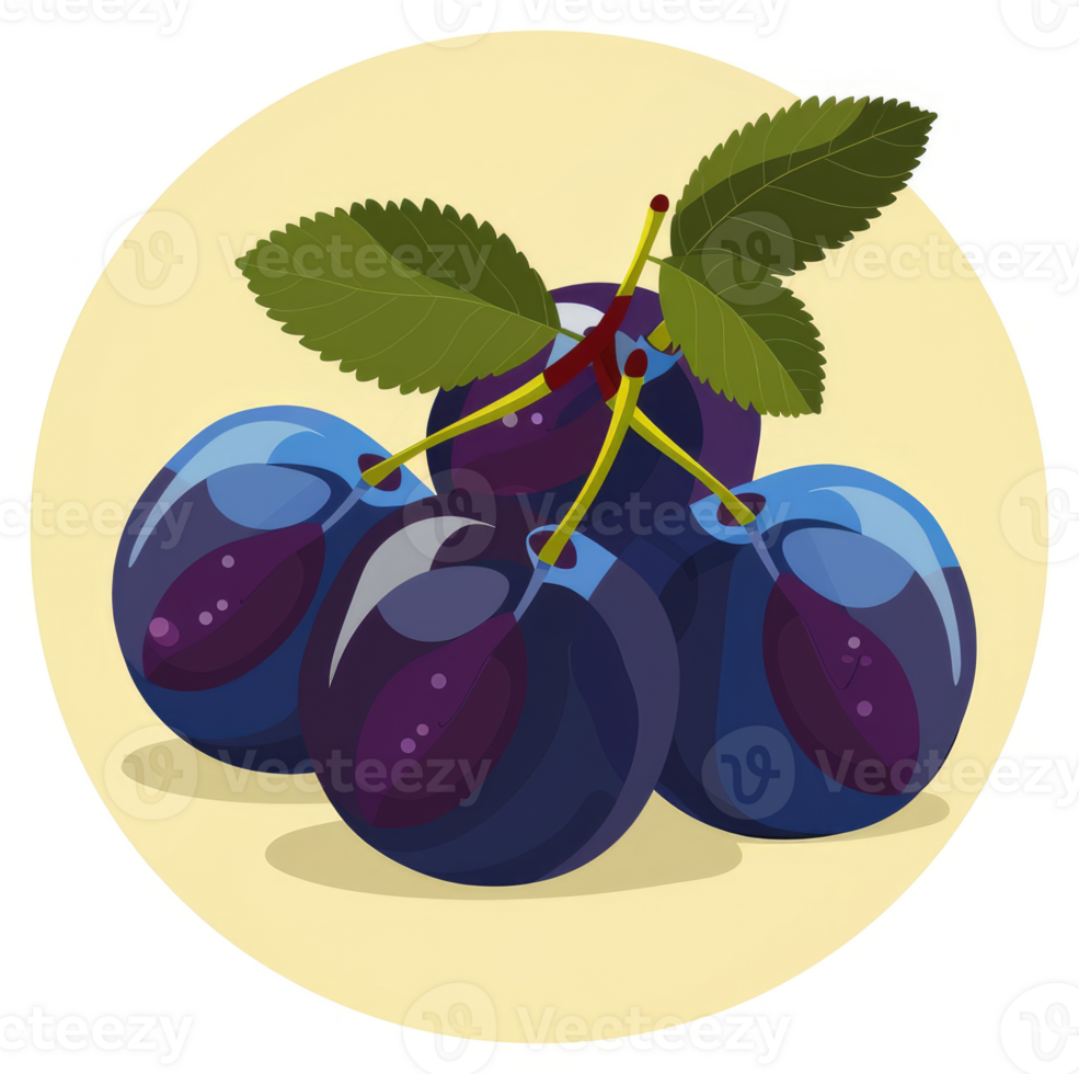 A cluster of plump, dark purple plums with green leaves. png