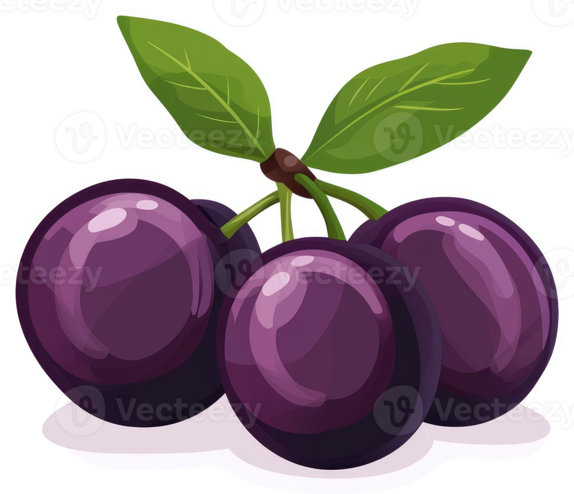 A cluster of plump, dark purple plums with vibrant green leaves. png