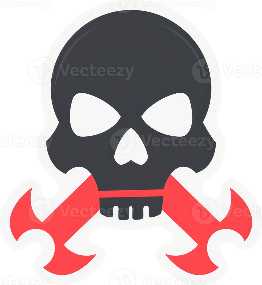 A graphic design of a skull with crossed red wrenches. png