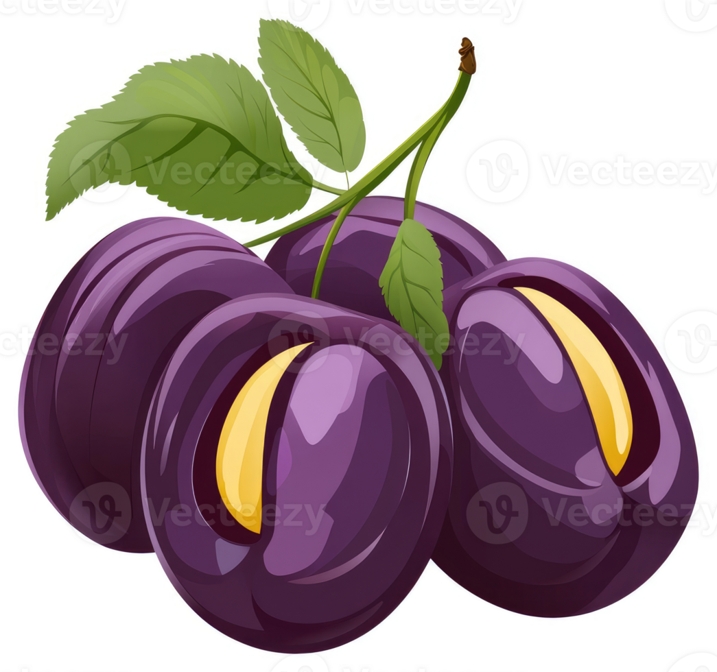 A cluster of plump, deep purple plums with vibrant green leaves. png
