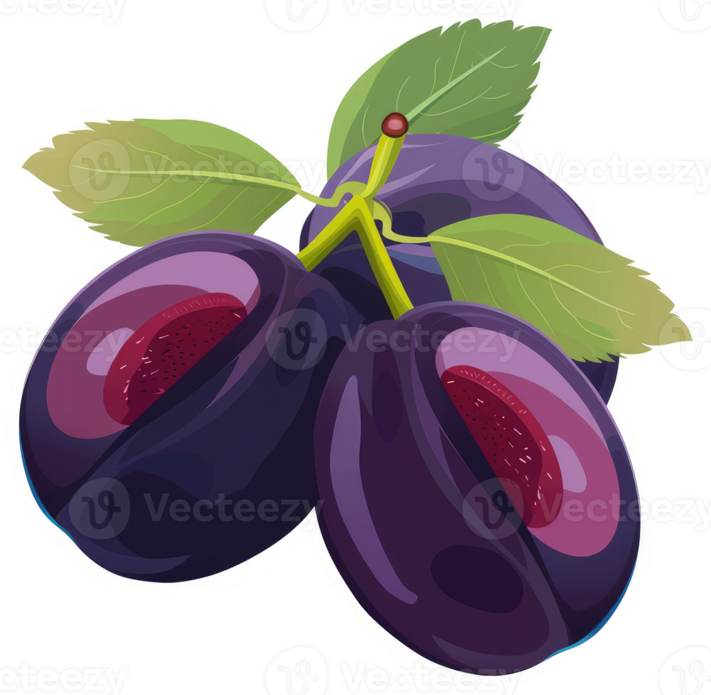 A cluster of ripe, dark plums with vibrant green leaves. png