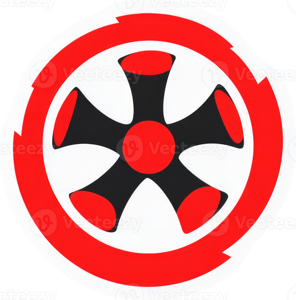 A red and black stylized wheel symbol on a white background. png