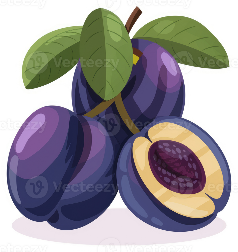 A cluster of ripe plums, whole and halved, displaying vibrant purple hues. png