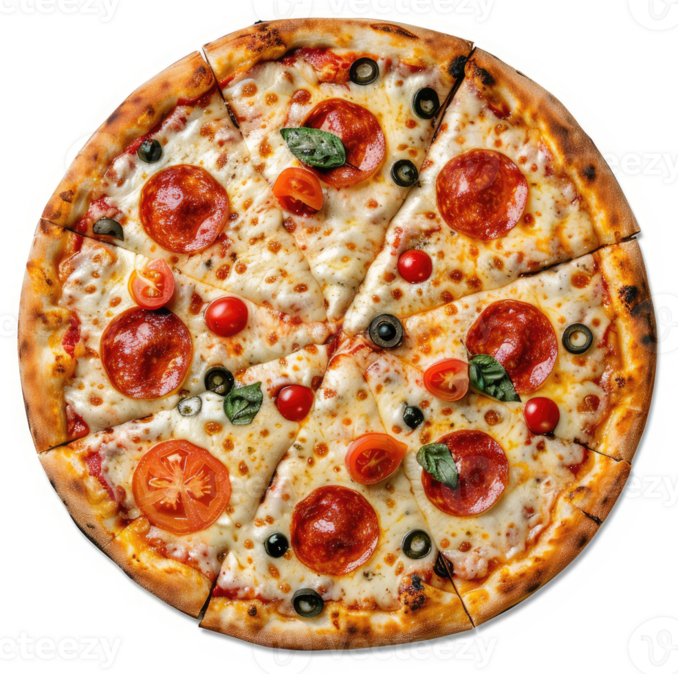 A delicious pepperoni pizza topped with mozzarella cheese, tomatoes, olives, and fresh basil. png