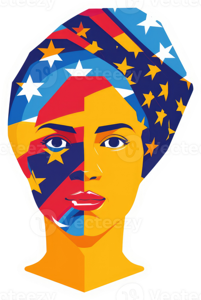 A woman's face adorned with the colors of two nations' flags. png