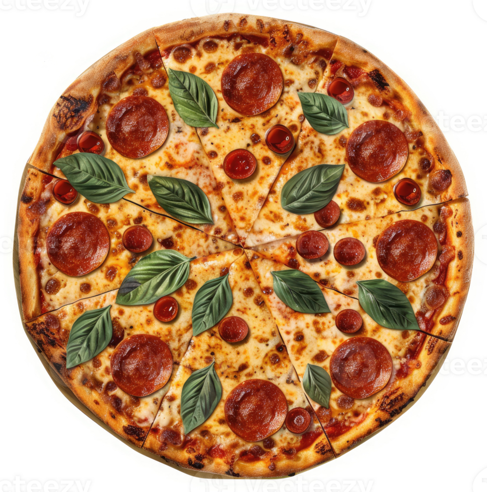 A delicious pizza topped with pepperoni, basil leaves, and tomato sauce. png