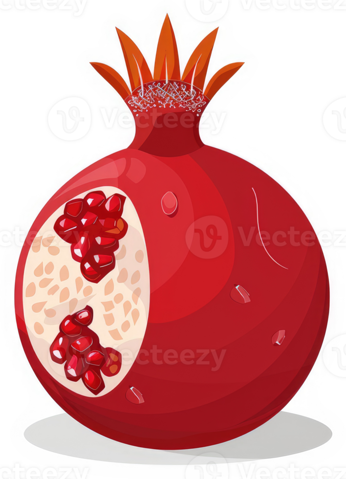 A vibrant illustration of a pomegranate with its seeds visible. png