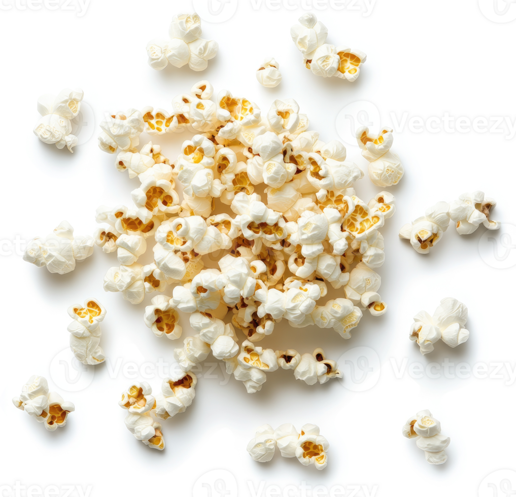 A scattering of fluffy popcorn kernels on a white background. png