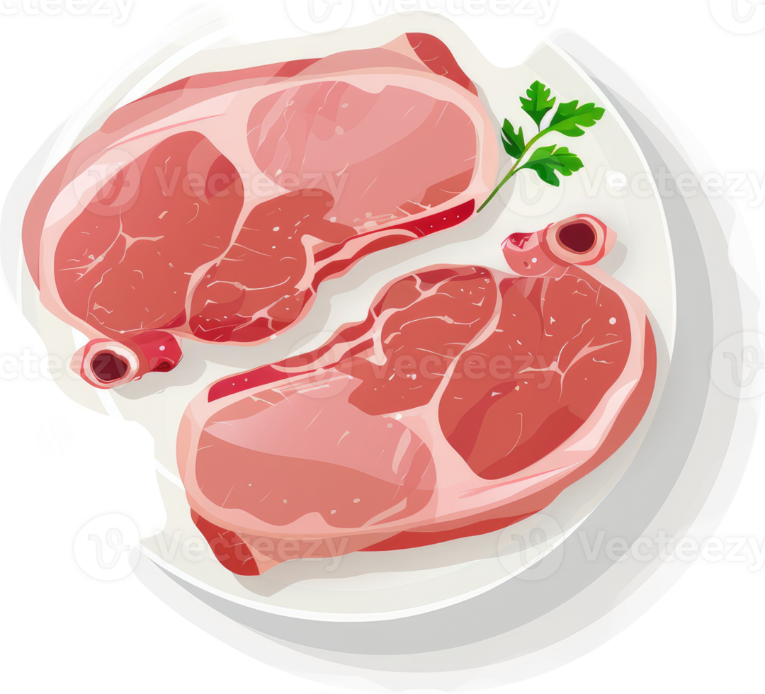 Two raw pork chops on a plate. png