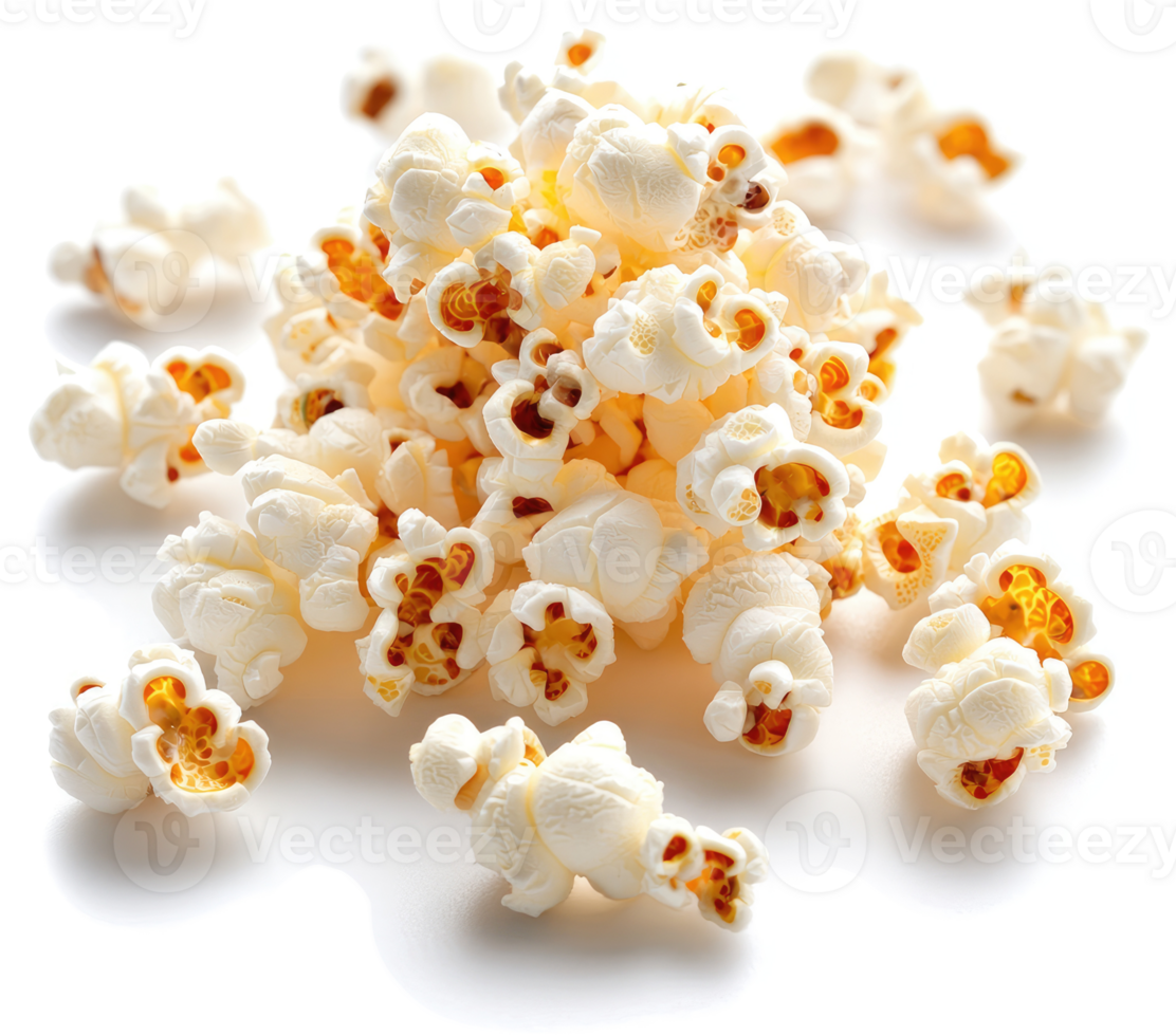 A pile of buttery popcorn kernels scattered on a white background. png