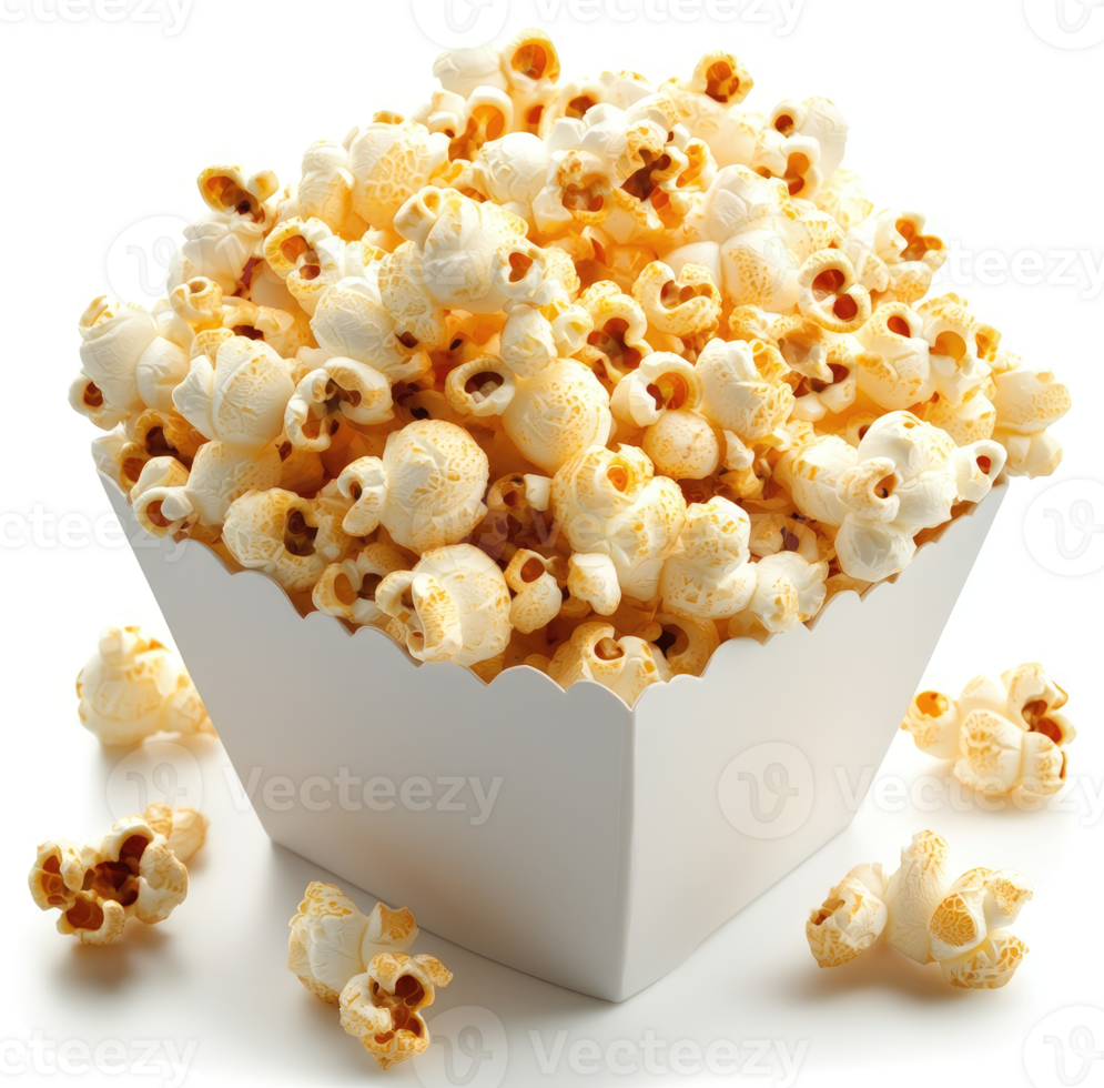 A generous serving of buttery popcorn in a white paper container. png