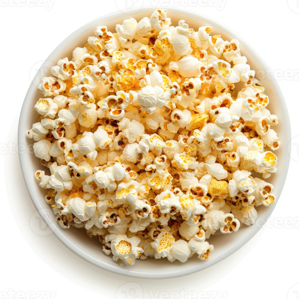 A bowl of fluffy, golden popcorn, ready for a movie night. png