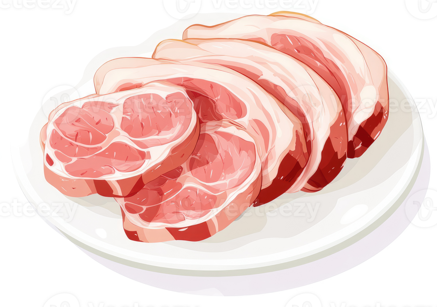 Sliced pork on a white plate. png