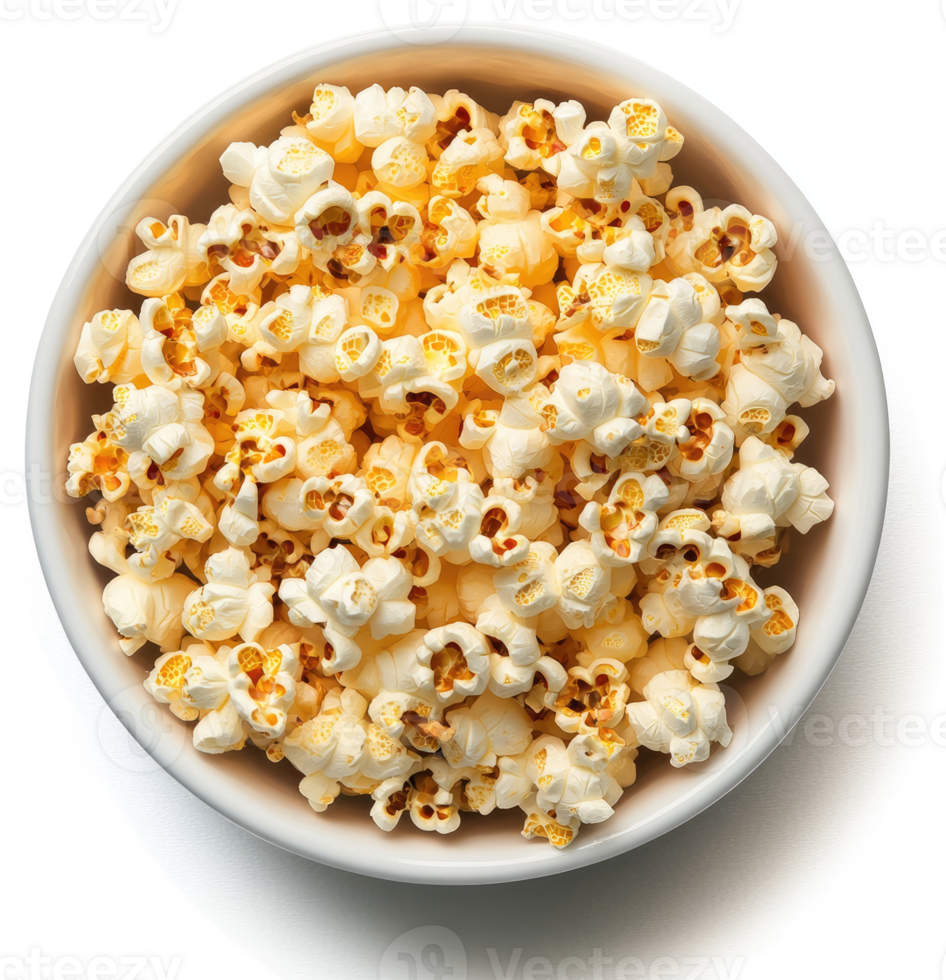 A bowl brimming with buttery popcorn kernels. png