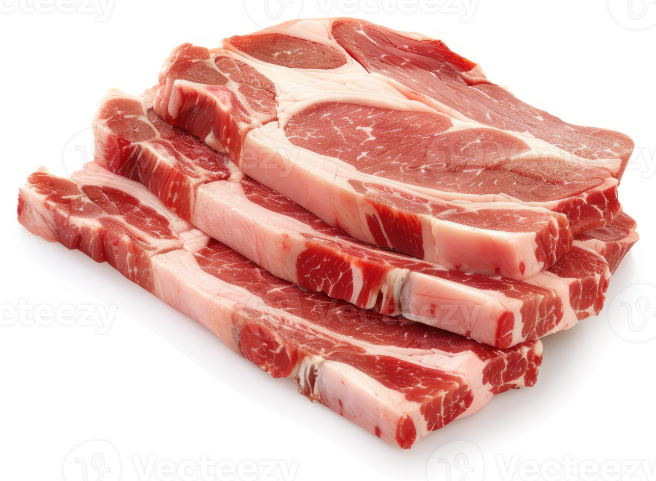 Raw pork chops stacked on a white background. png
