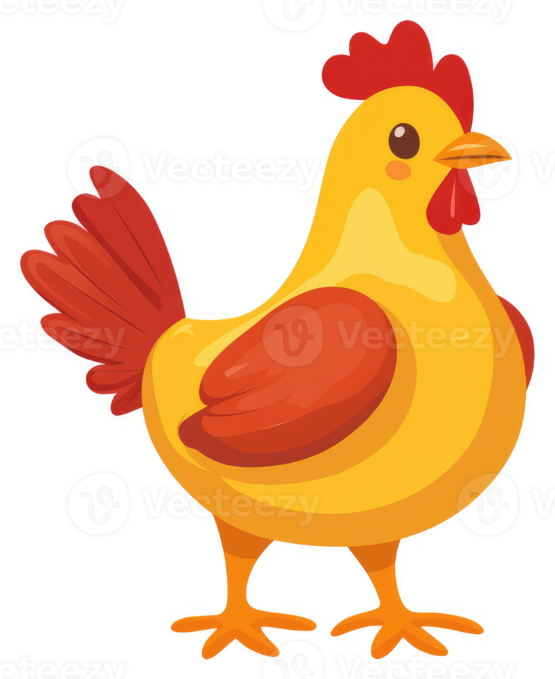 A cartoon illustration of a cheerful yellow chicken with red features. png