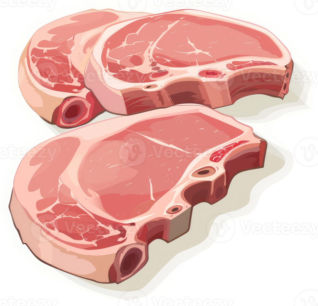 Two slices of raw pork chops with visible bone. png