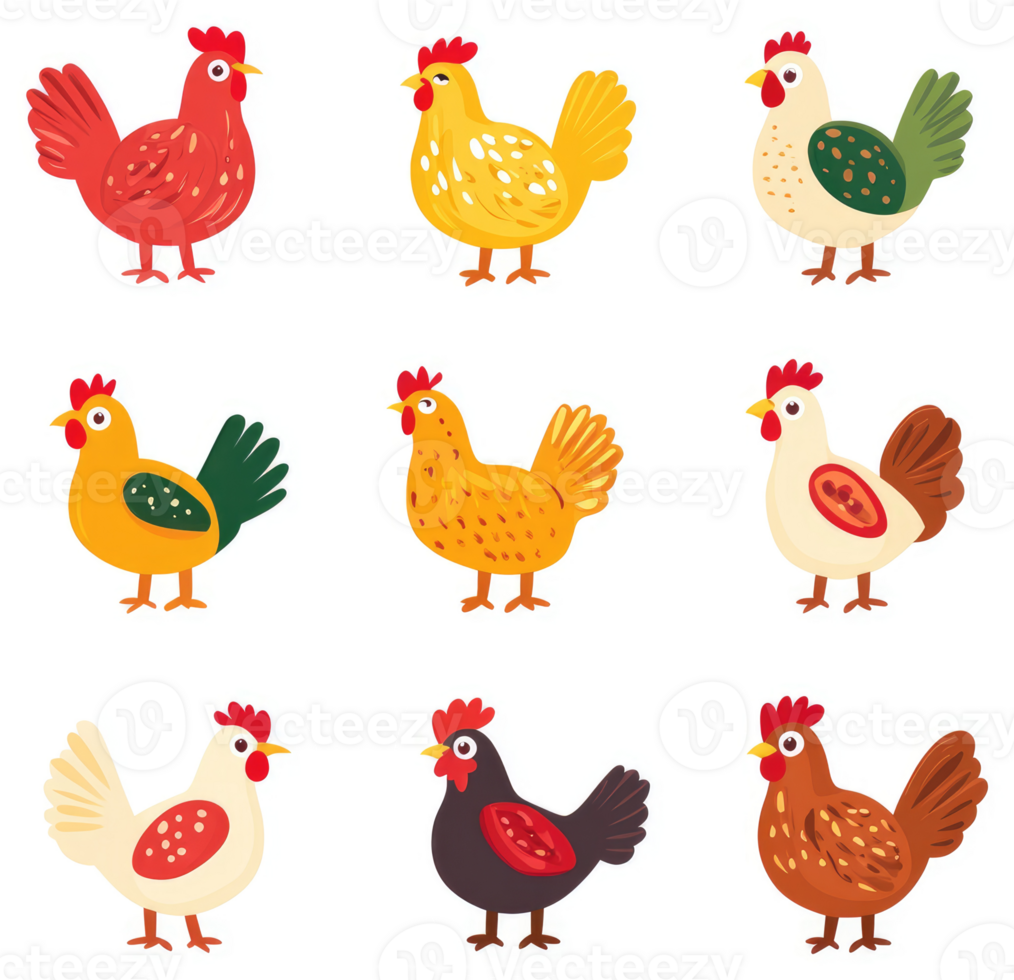 Colorful cartoon representations of various chicken breeds. png